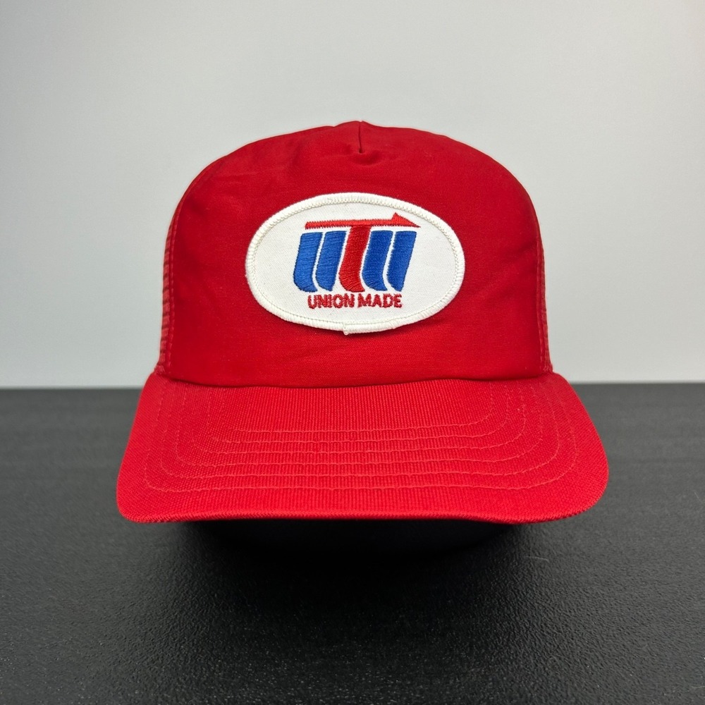 Vintage 80s Union Made Trucker Hat Cap Snap Back Adjustable Red Patch USA Adult
